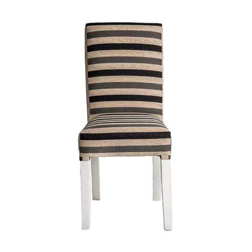 Silla con patas blancas debajo de un comodo asiento y respaldo tapizado con rayas horizontales de color en tono gris, negro y beige