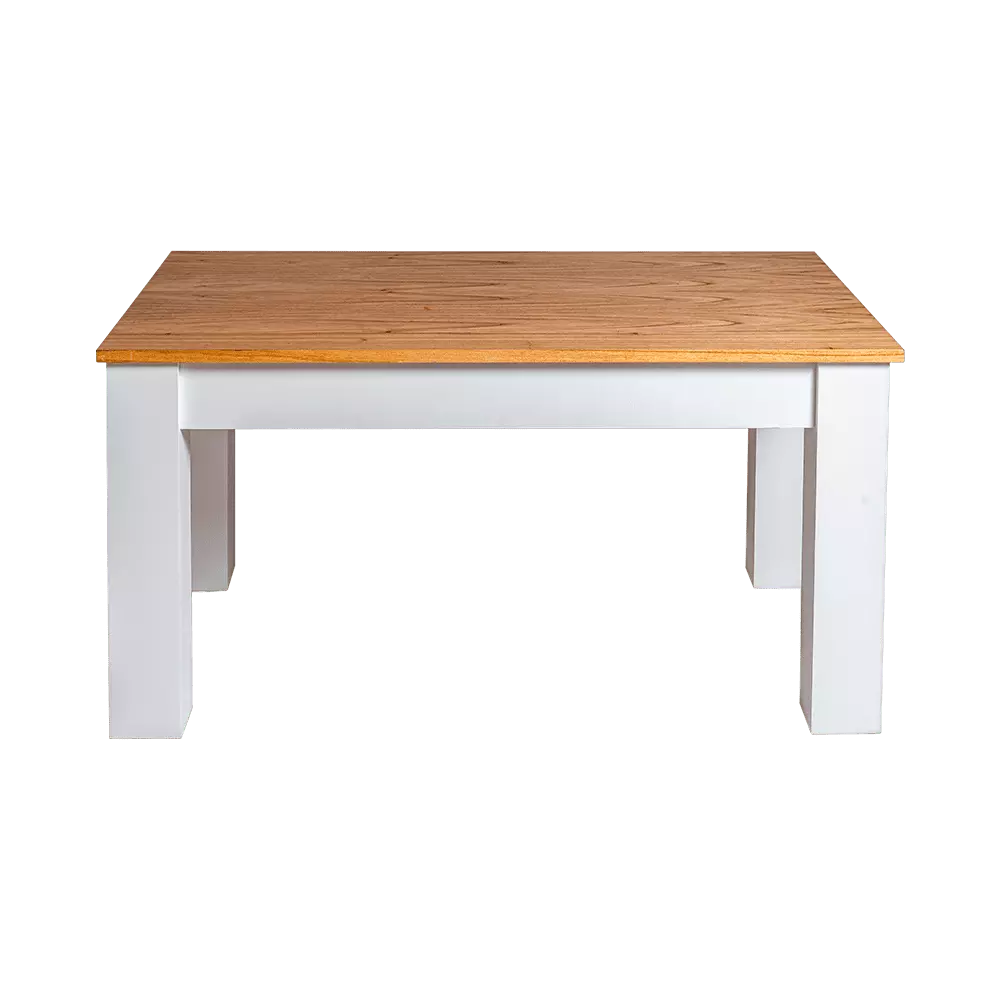 Mesa ratona de patas blancas debajo de una tabla color madera, moderna y elegante 
