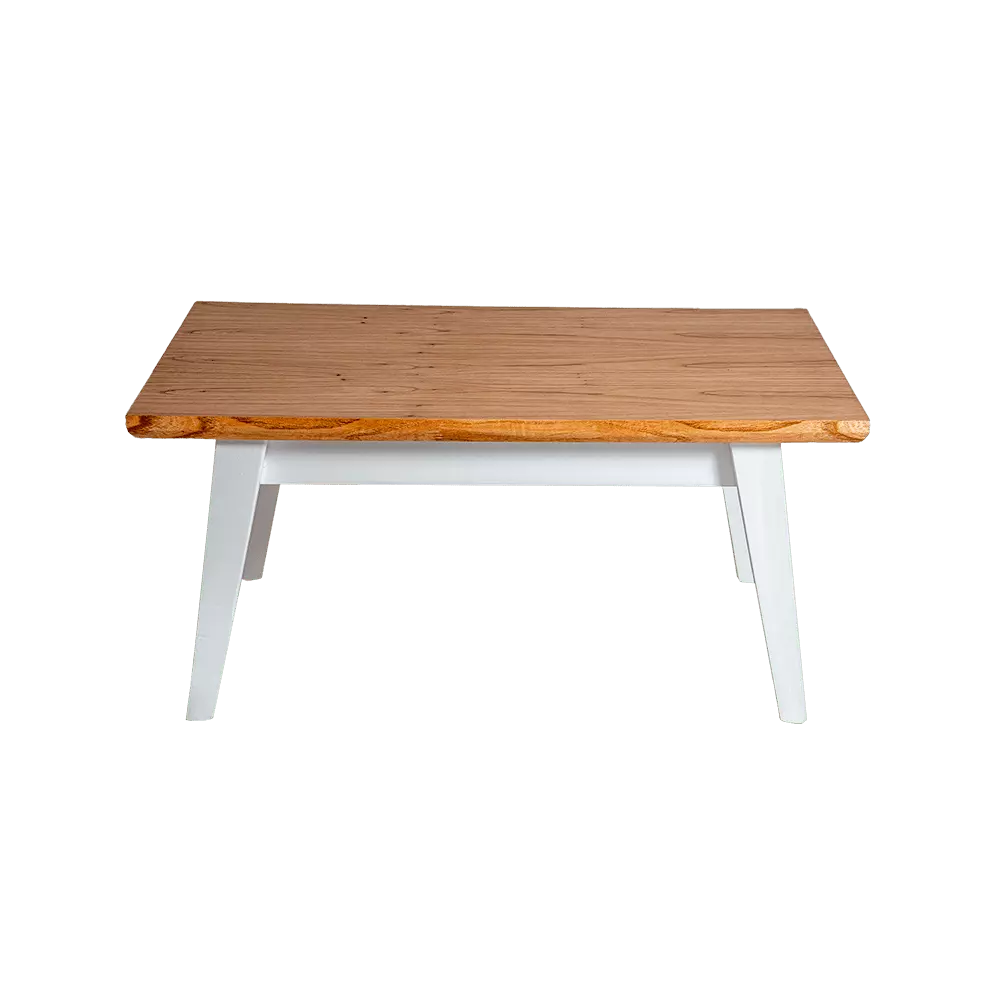 Mesa ratona de comedor 4 patas blancas y sostienen una tabla de madera. Muy minimalista que va en todo tipo de ambientes
