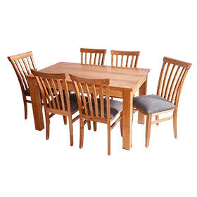 Juego de mesa Bari con seis sillas Bilbao en combinación, ambos en tonalidades de color madera.