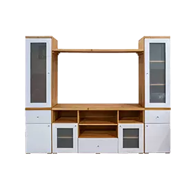 Organizador de tv color madera con blanco. Gran diversidad de estantes y placares.